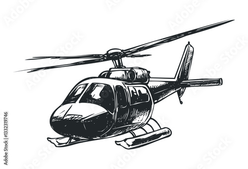 Hand-drawn helicopter sketch with detailed rotor and fuselage design. Vector retro hand drawn illustration