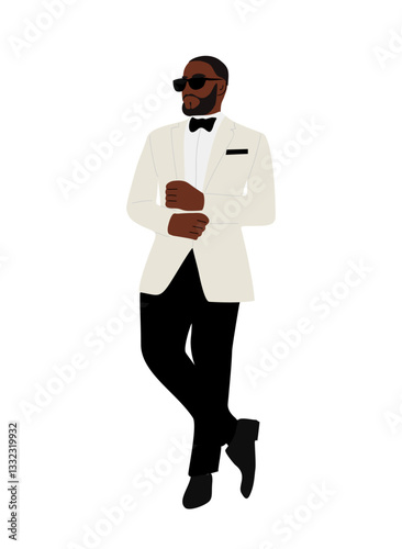 Black man character in formal or black tie outfit. Stylish african american handsome guy wearing white tuxedo and bow tie. Vector realistic illustration isolated 