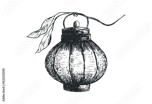 Hand-drawn chinese lantern with leaf detail in line art style. Vector retro hand drawn illustration