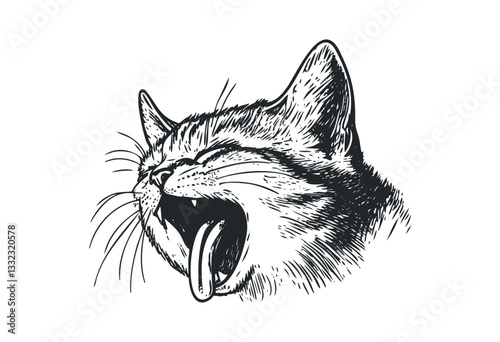 Detailed sketch of a yawning cat with open mouth and distinct whiskers. Vector retro hand drawn illustration