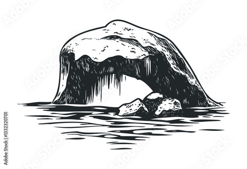 Monochrome sketch of a snow-covered rock formation with water reflection. Vector retro hand drawn illustration
