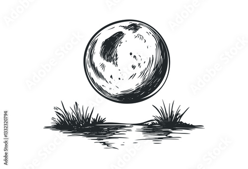 Vintage-style moon illustration with grassy landscape and craters. Vector retro hand drawn illustration