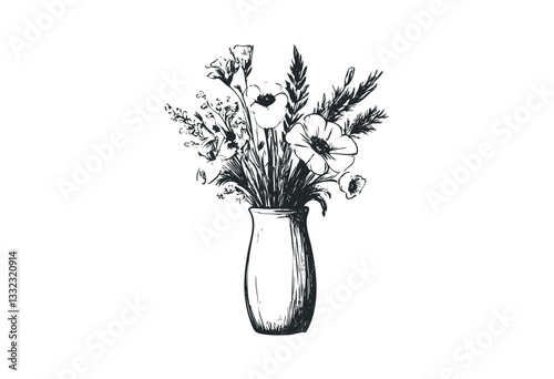 Hand-drawn floral arrangement in vase with poppies and wildflowers. Vector retro hand drawn illustration