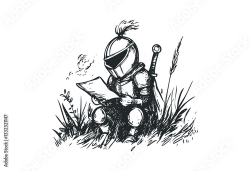 Medieval knight reading scroll amongst foliage. Vector retro hand drawn illustration