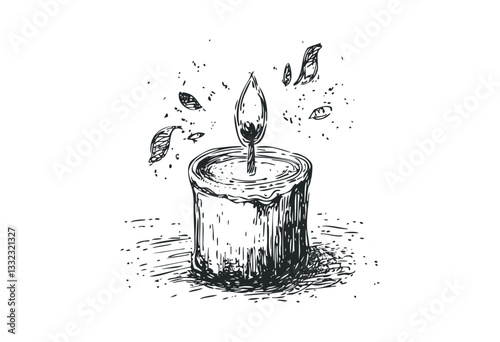 Hand-drawn candle with floating leaves in rustic style. Vector retro hand drawn illustration