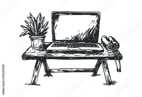 Hand-drawn laptop setup with plant and notebook on wooden desk. Vector retro hand drawn illustration