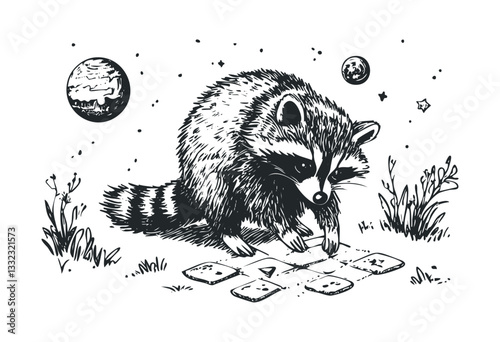 Raccoon exploring cosmic terrain in a whimsical universe. Vector retro hand drawn illustration