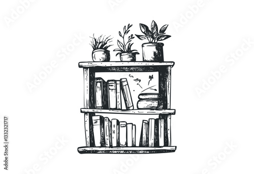 Sketch of wooden bookshelf with books and potted plants in detailed artistic style. Vector retro hand drawn illustration