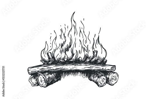 Hand-drawn bonfire illustration with burning logs. Vector retro hand drawn illustration