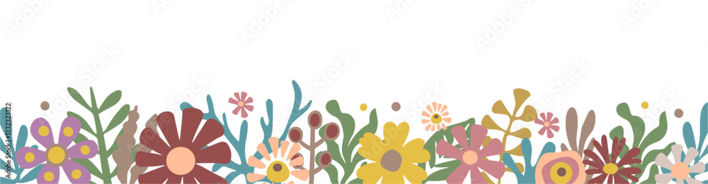 Fototapeta premium Floral border with colorful abstract flowers and leaves, spring background, banner, design element for greeting cards, invitations. Vector illustration isolated