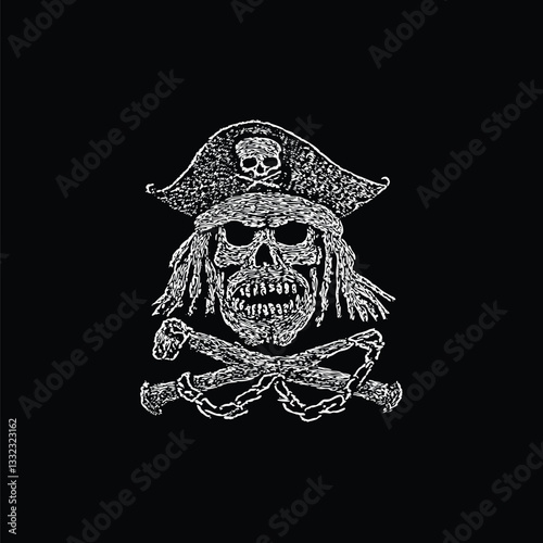 Scary skull pirate wearing tricorn hat with crossbones and chains