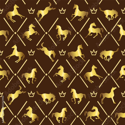 Equestrian rhombus seamless pattern. Horse silhouette in different poses. Elegant noble golden color color background. Geometric vector royal gold crown ornament. England luxury classic vintage style