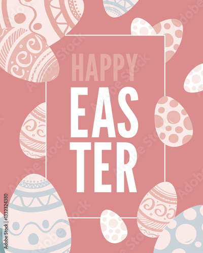Happy Easter vector banner template. Holiday poster design. Many big decorated eggs icons hand drawn. Flat traditional elements set. Funny festive layout. Cute spring celebration concept. Cartoon card