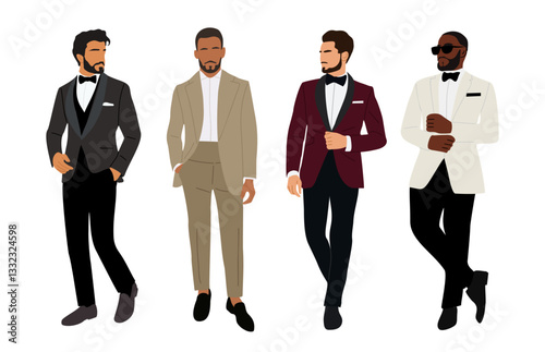Set of different businessman characters in formal or black tie outfits. Stylish handsome guys wearing formal suits and tuxedo. Hand drawn vector realistic illustrations isolated 