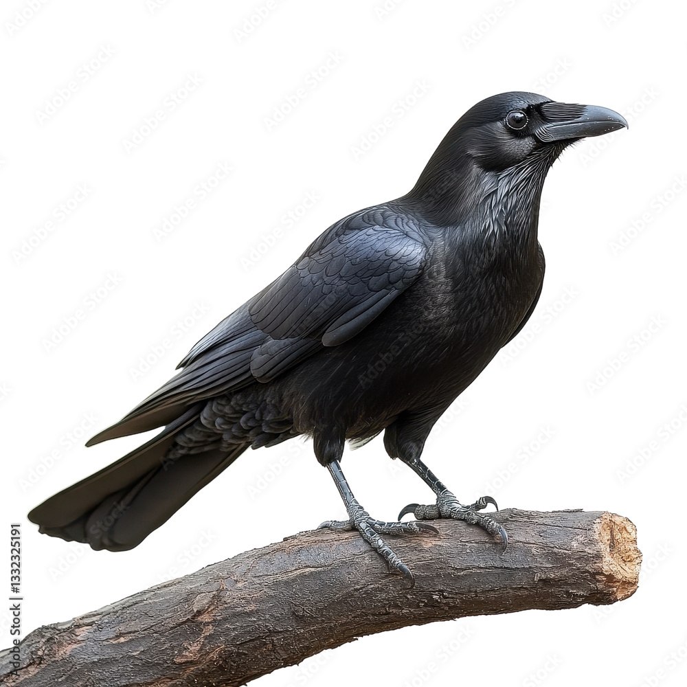 Fototapeta premium A black crow standing on a tree branch isolated on white background