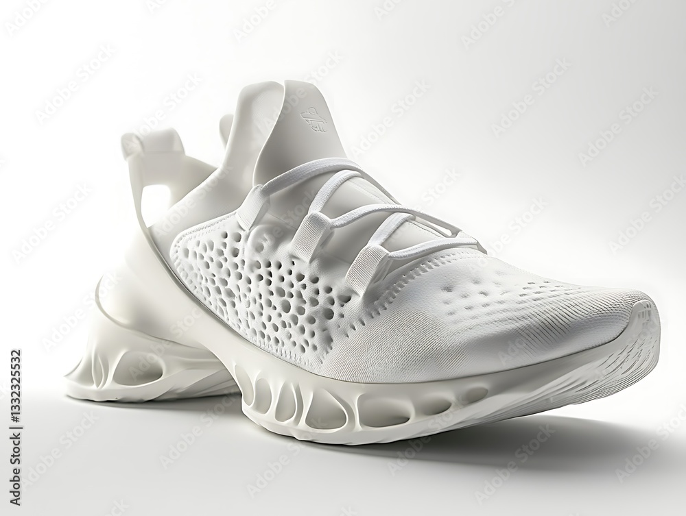 A solitary white athletic shoe displayed against a white background A solitary white athletic shoe displayed against a white background