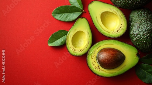 Artistic composition of avocados and green leaves on a bold red background creating a vibrant visual contrast