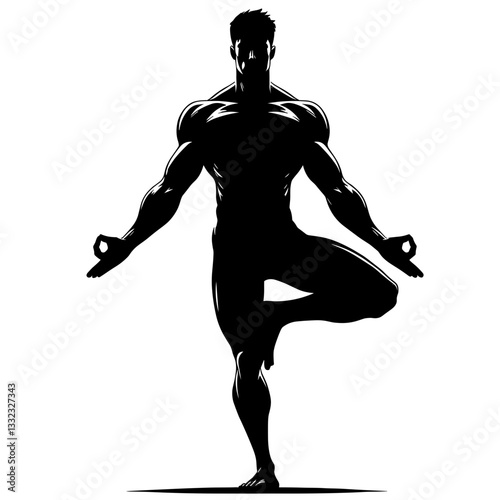 Muscular man balancing in yoga tree pose