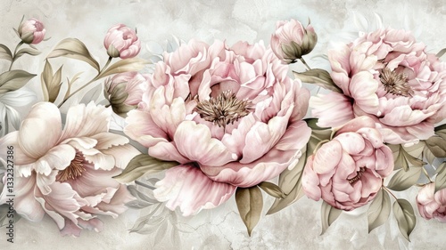 Fototapeta Naklejka Na Ścianę i Meble -  Elegant floral watercolor design with soft pink peonies for decorative art