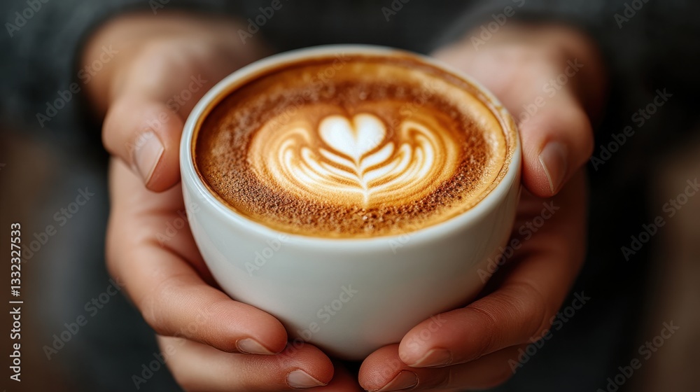 Warm hands cradle a perfectly crafted latte with intricate heart design, inviting cozy moments to savor on a chilly day Warm hands cradle a perfectly crafted latte with intricate heart design, inviting cozy moments to savor on a chilly day
