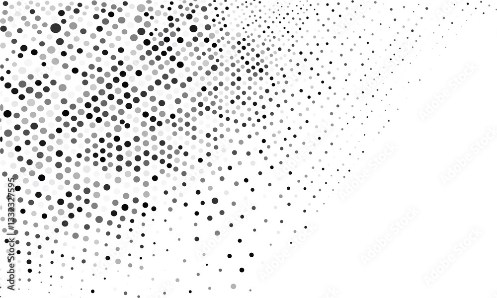 Black background, simple black dots in different sizes and a gradient of gray in the shape of a halftone pattern Black background, simple black dots in different sizes and a gradient of gray in the shape of a halftone pattern