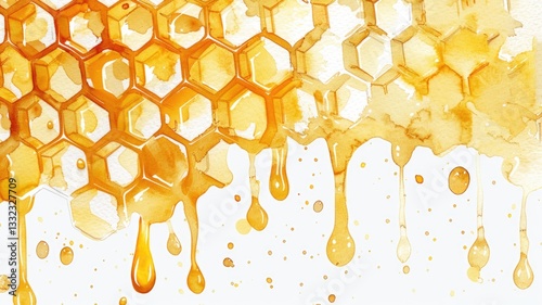 Honey dripping from honeycomb in abstract watercolor art