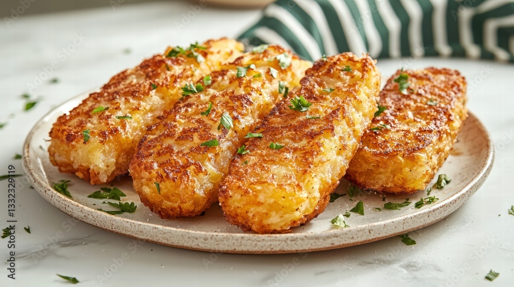 Beautifully presented plate of golden hash browns on a table with fresh ingredients and copy space for text included Beautifully presented plate of golden hash browns on a table with fresh ingredients and copy space for text included