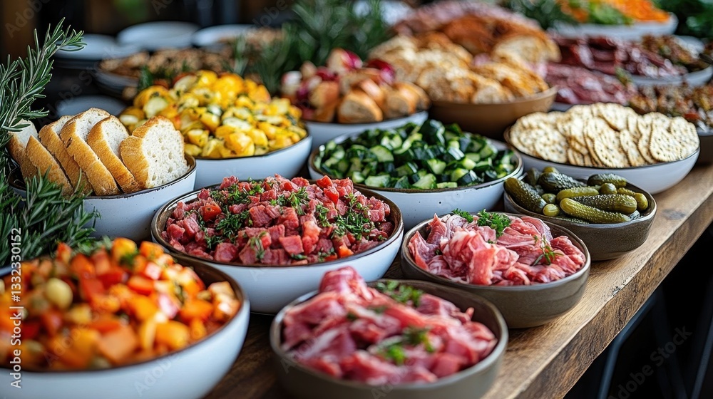 Delightful buffet table showcasing a vibrant array of chopped vegetables, savory roast beef, crusty bread, crunchy crackers, and tangy pickles for a festive gathering Delightful buffet table showcasing a vibrant array of chopped vegetables, savory roast beef, crusty bread, crunchy crackers, and tangy pickles for a festive gathering