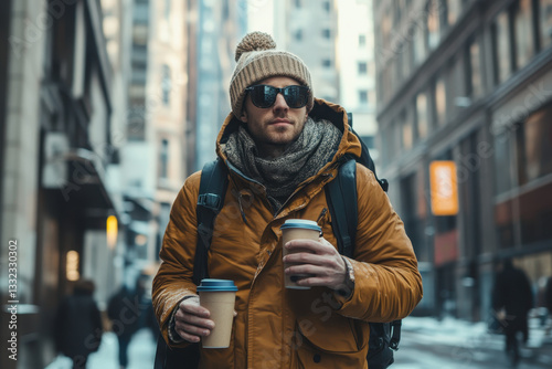 Man in yellow jacket and scarf holding coffee cup, frowning at his phone screen in city park filled with fallen autumn leaves.
