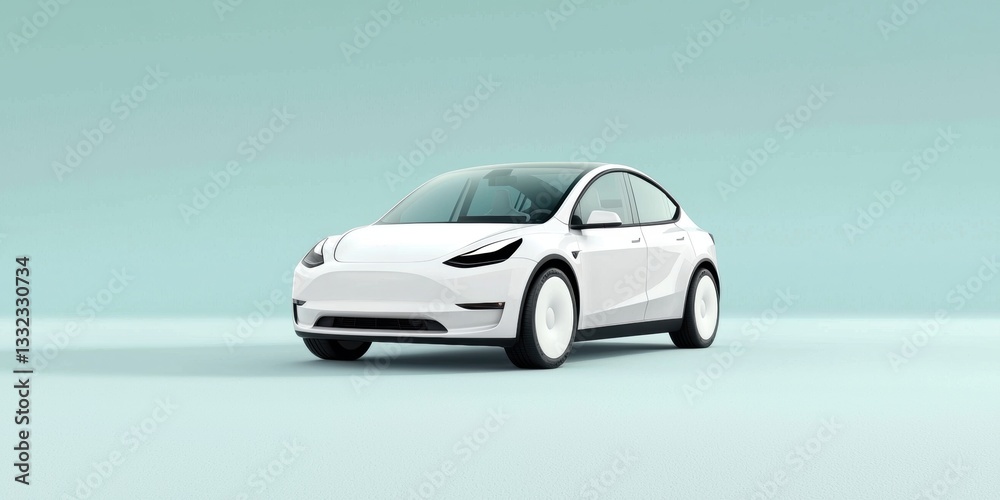 Fototapeta premium Green technology and carbon footprint reduction. Sleek white electric car on a minimalist background.