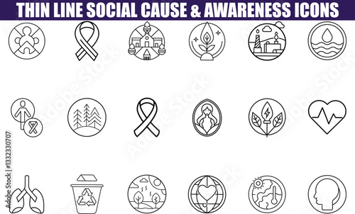 Thin Line Social Cause Awareness Icons Health, Environment, Charity