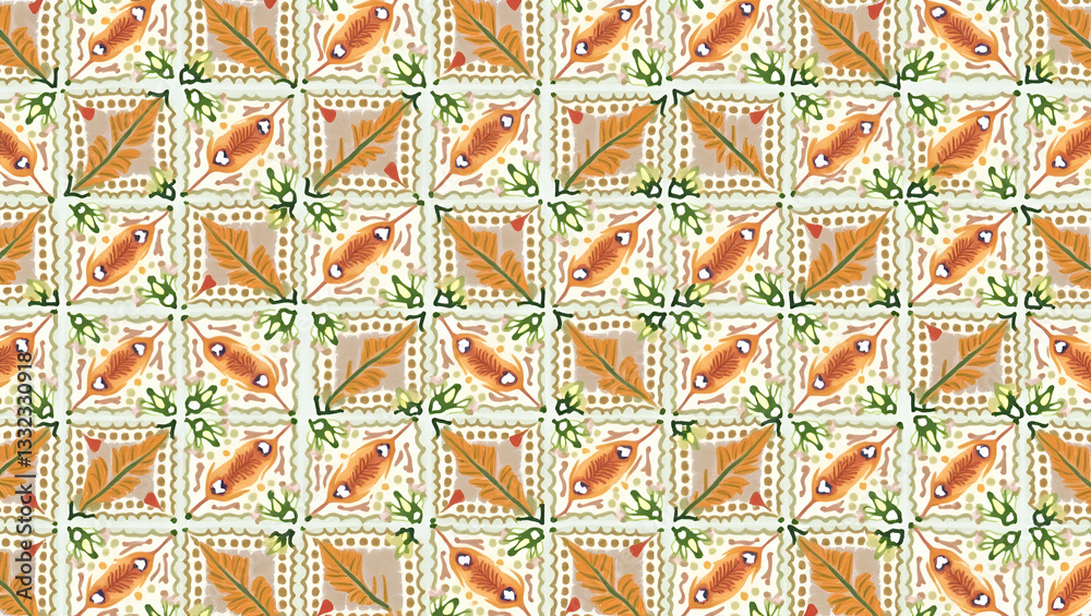 Naklejka premium Intricate Hand-Painted Leaf Tile Pattern: Rich Textures for Artisanal Home Decor