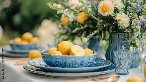 Elegant Mediterranean dining setup with handmade ceramic plates and seasonal blooms adorned with fresh lemons