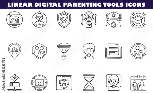 Linear Digital Parenting Tools Icons Parental Controls, Child Safety, Online Monitoring