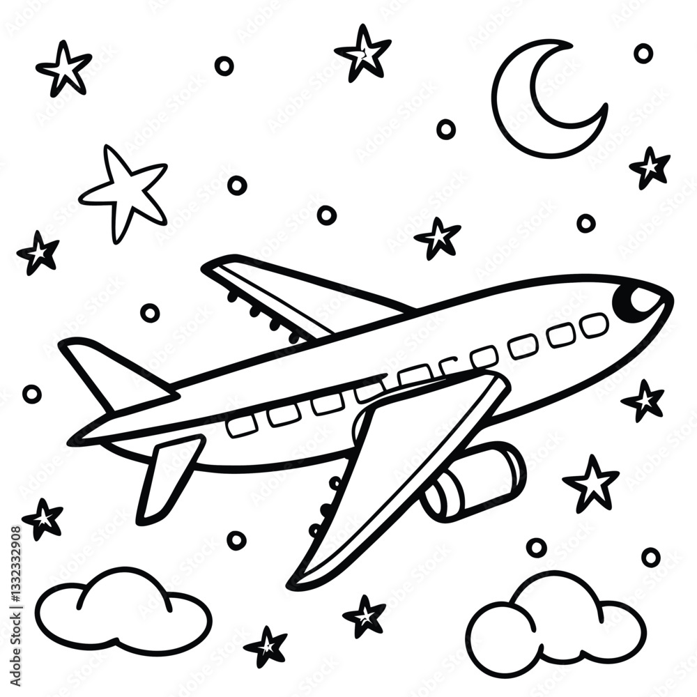 Cute Airplane Flying Under a Sparkling Night Sky