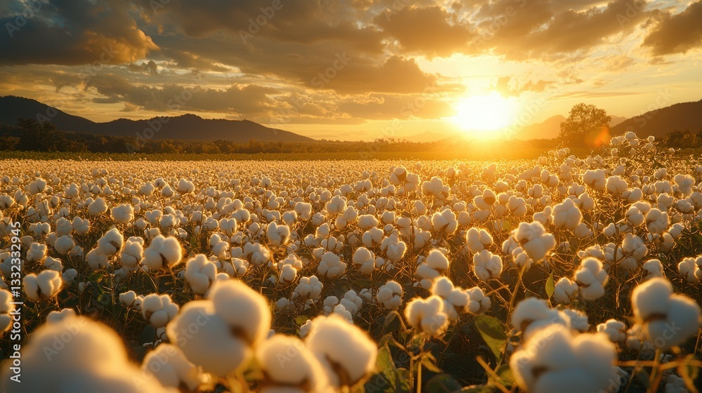 Obraz premium Vibrant cotton fields in India during golden hour create a breathtaking landscape filled with warmth and natural beauty