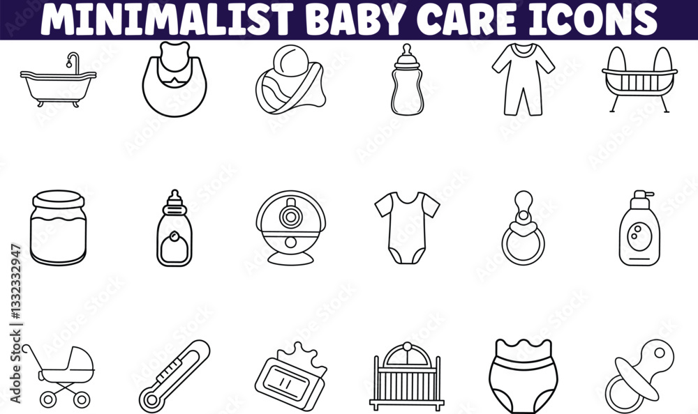 Fototapeta premium Minimalist Baby Care Icons Bath, Feeding, Sleep, Clothing, Safety