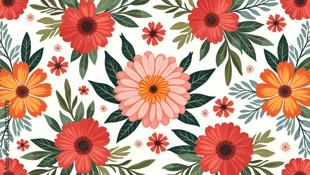 Eclectic Peonies and Dahlias: Vibrant Bohemian Seamless Tile Pattern for Creative Spaces - Flat Cute Vector Illustration for Smart Business Design