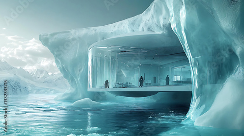 Realistic close-up animation of an advanced research facility in the Arctic collapsing as the ice beneath it melts, with scientists scrambling for safety 