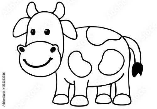 A cute cartoon illustration of a farm with a sheep, cow, dog, lamb, and baby calf, all depicted in a fun, sweet, and playful style, showcasing adorable animals in a nature-filled scene