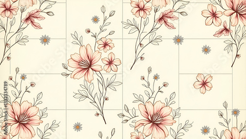 Wallpaper Mural Distressed Rose and Lily Illustrations in Muted Colors: Vintage Seamless Tile Pattern Perfect for Retro Kitchen Decor - Flat Cute Vector Design for Smart Business Use Torontodigital.ca