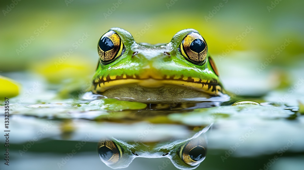 A green frog with large eyes is floating on water A green frog with large eyes is floating on water