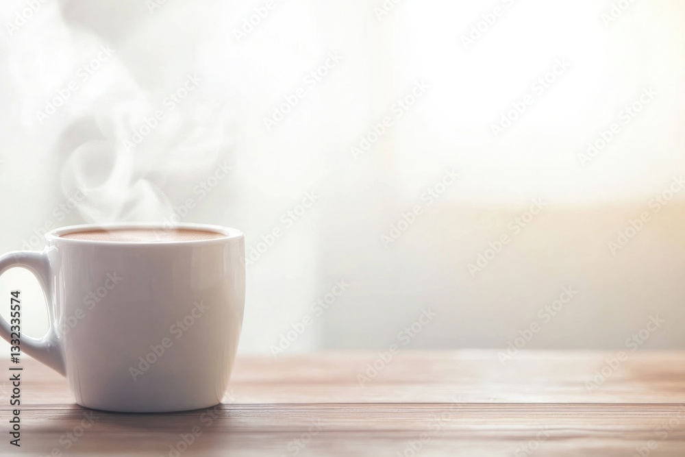 Fototapeta premium close-up image of steaming cup of coffee on wooden table capturing richness of its aroma