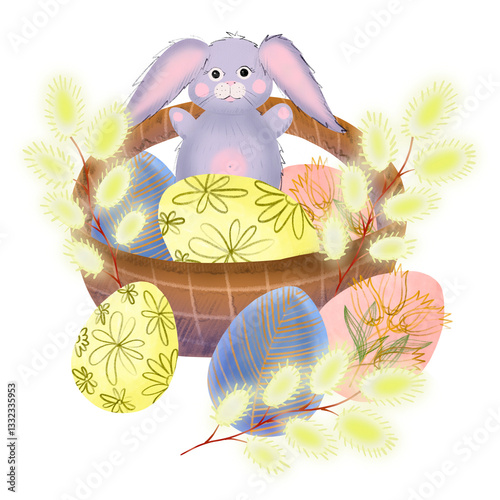 Illustration of the Easter bunny in the basket. Easter eggs in watercolor. Fluffy willow branches. The illustration is decorated with colored pencils. Easter Sunday