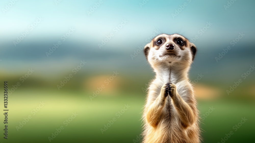 Fototapeta premium Small animal with a long snout is standing in a field. The animal is looking up and he is praying