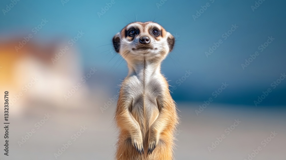Fototapeta premium Cute little animal with a big smile on its face. The animal is standing on a sandy beach and looking at the camera