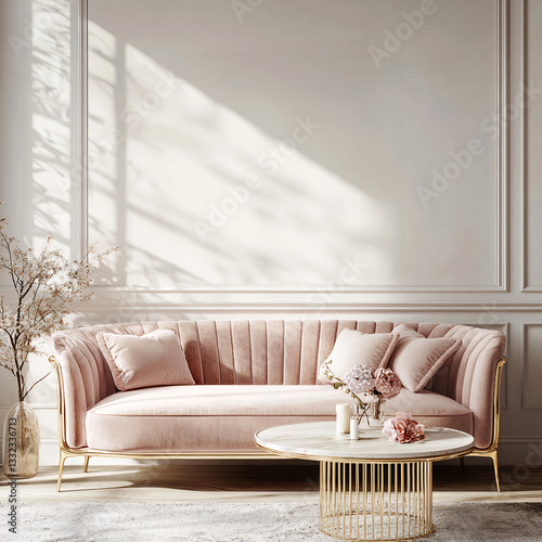 Interior with beautiful pink velvet sofa and gold decor