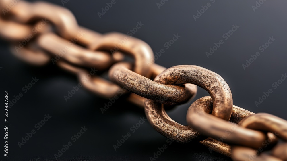 Close-up of a weathered metal chain link on a dark background, showcasing texture and detail Close-up of a weathered metal chain link on a dark background, showcasing texture and detail