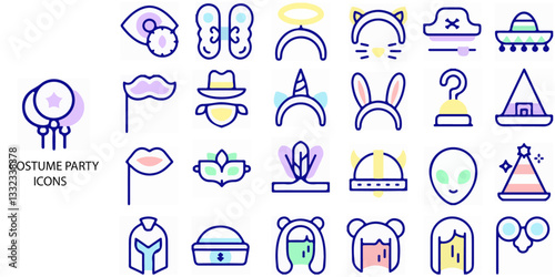 Costume Party simple concept 24 colour icons set. Contains such dj, happy, concert, bar, music, club .Vector illustration.