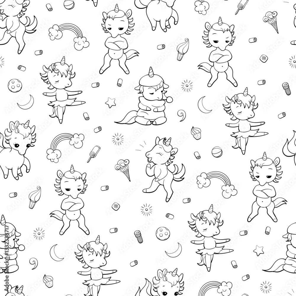 Seamless vector pattern with cute unicorns on white background. Perfect for textile, wallpaper or print design. Design for coloring book. Seamless vector pattern with cute unicorns on white background. Perfect for textile, wallpaper or print design. Design for coloring book.